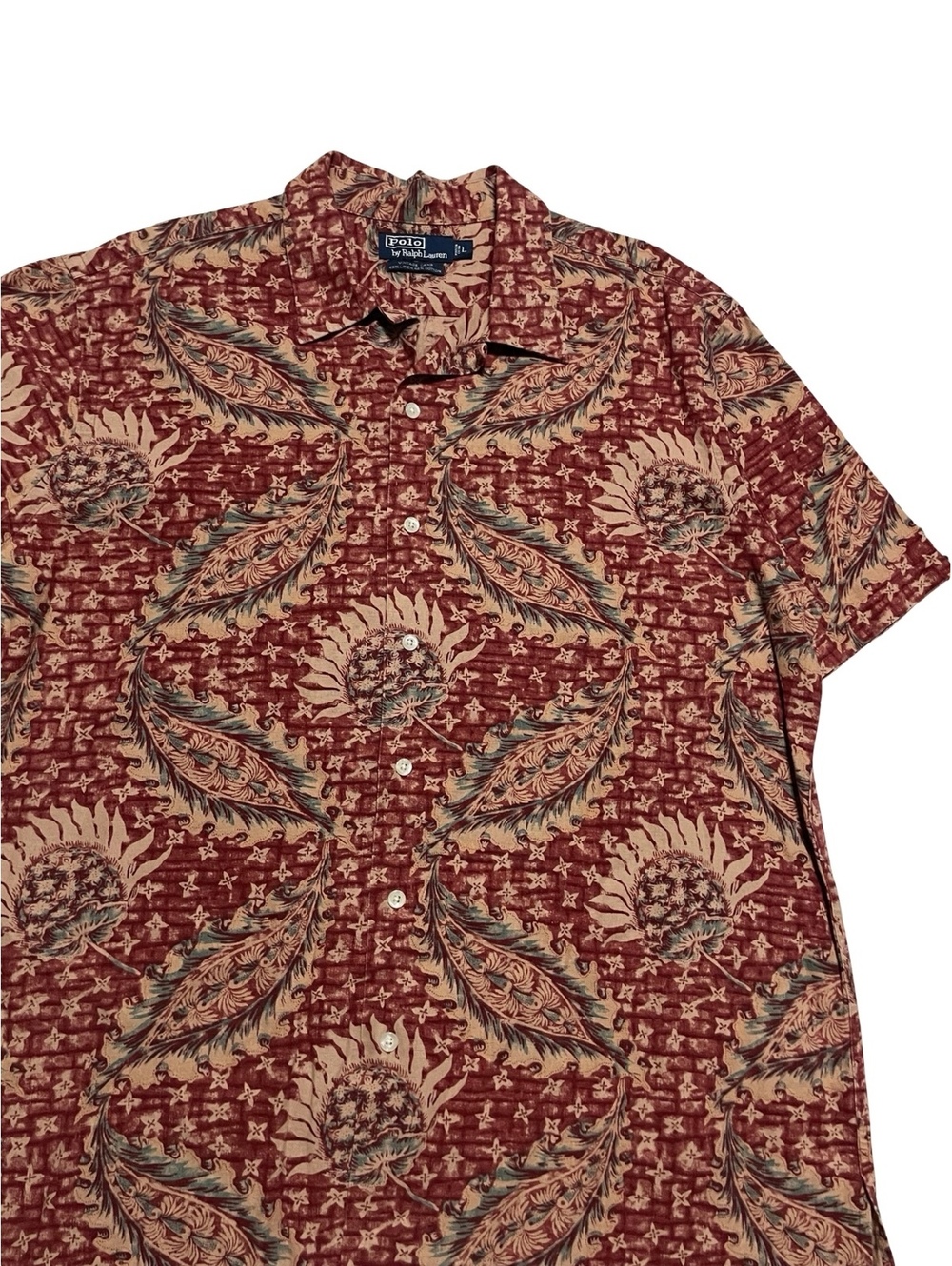 Polo Ralph Lauren Vintage Camp Hawaiian Shirt Mens L Red Tapestry Linen Cotton